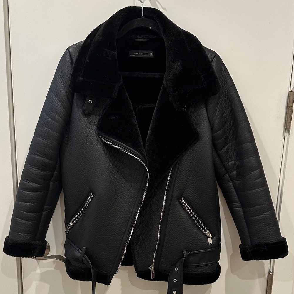 Zara Black Faux Leather Jacket with Fur Trim